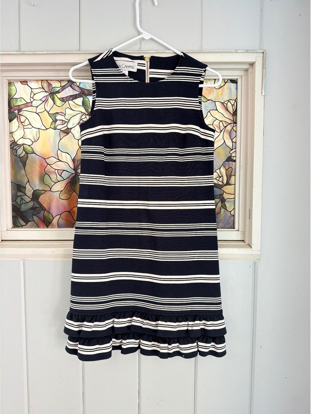 Sara Campbell Navy and White Striped Sleeveless mini Dress with Ruffle Hem XS